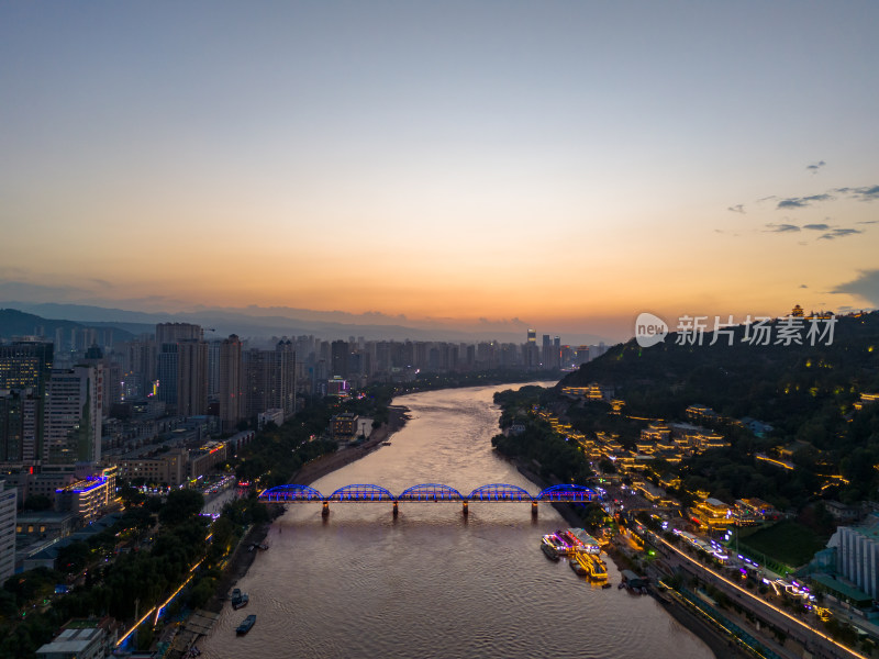 兰州城市夕阳夜景航拍图