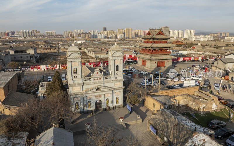 山西省大同市大同古城地标建筑航拍