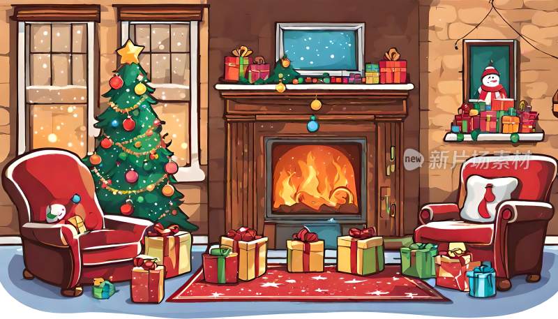 圣诞节圣诞树圣诞夜晚壁炉