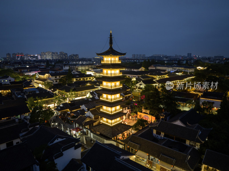 上海嘉定法华塔州桥老街夜景航拍