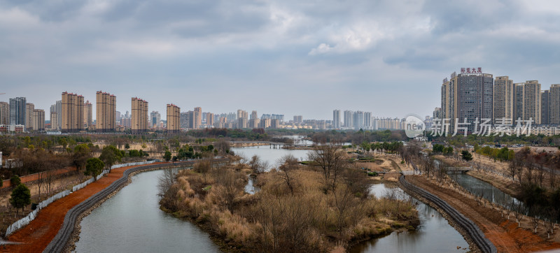 湿地公园与远处城市全景图