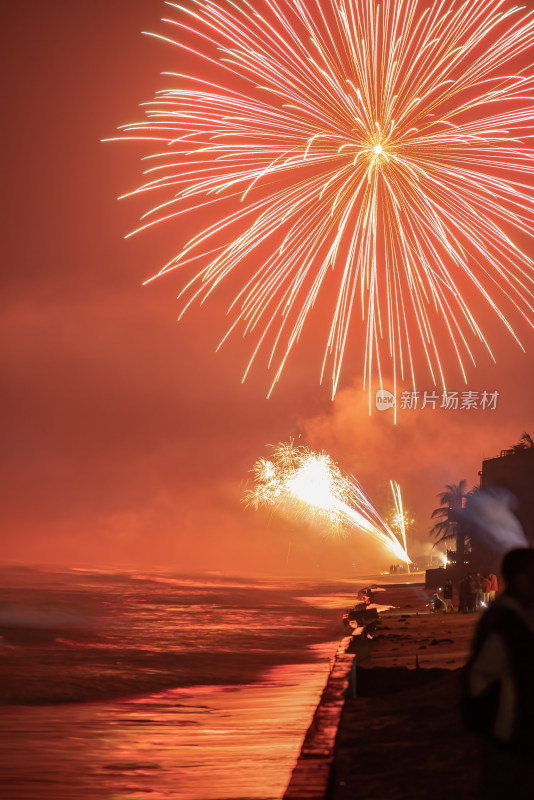 海边绚烂烟花绽放夜景