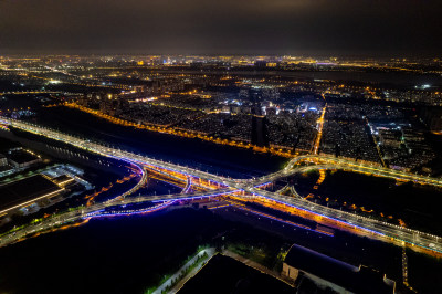 苏州夜景交通高架桥航拍图