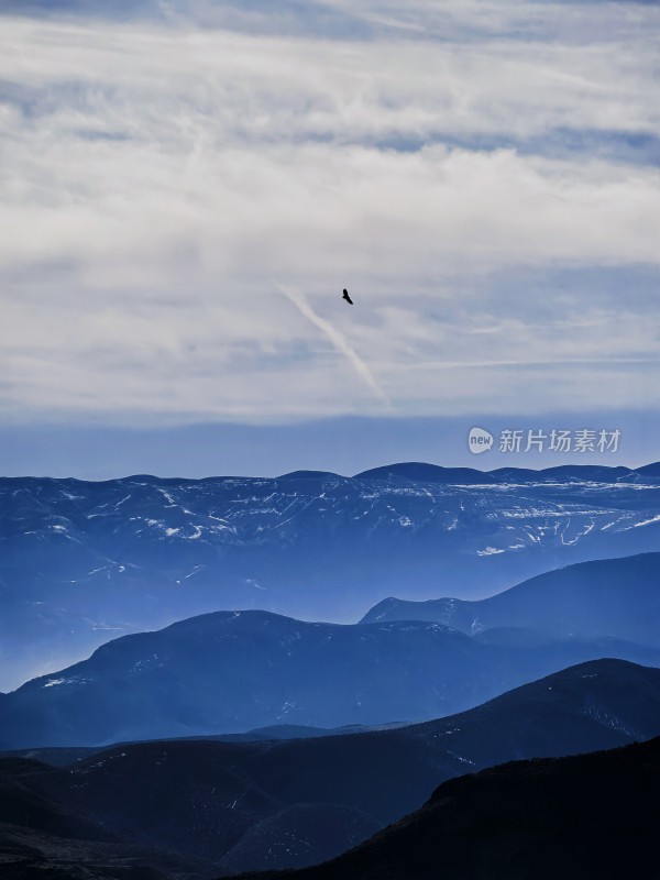 高山之上飞鸟翱翔天空景象