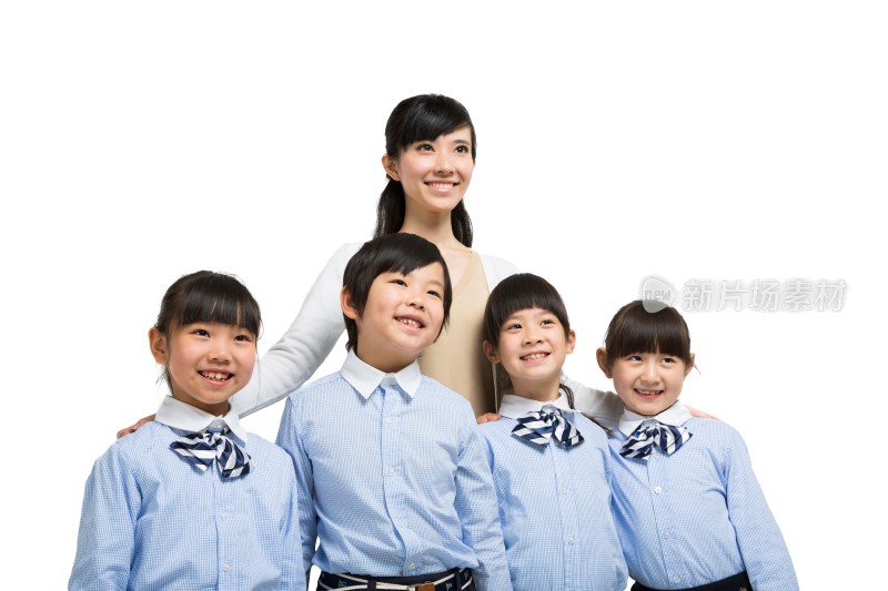 小学生和年轻女老师合影