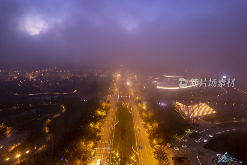 航拍上海南汇新城天文馆和海绵公园夜景