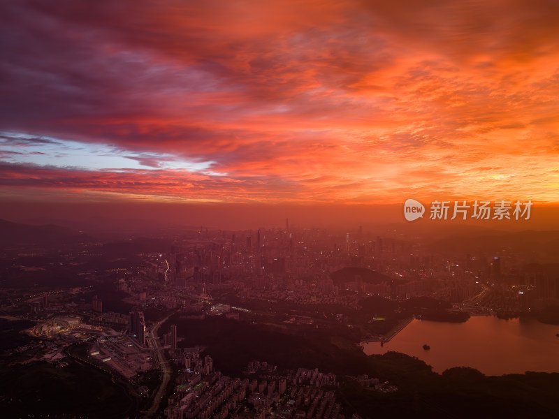 深圳梧桐山大湾区日落火烧云日落夜景航拍