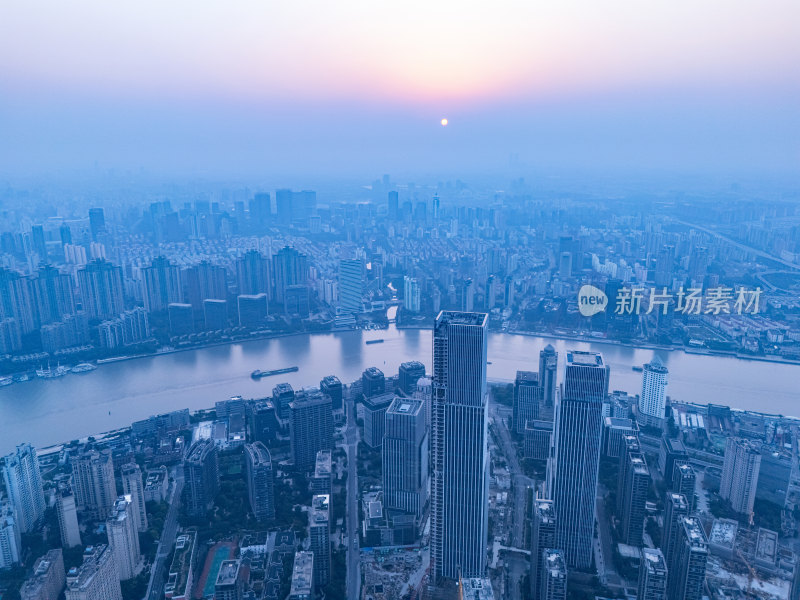 航拍上海黄浦江和滨江建筑日出