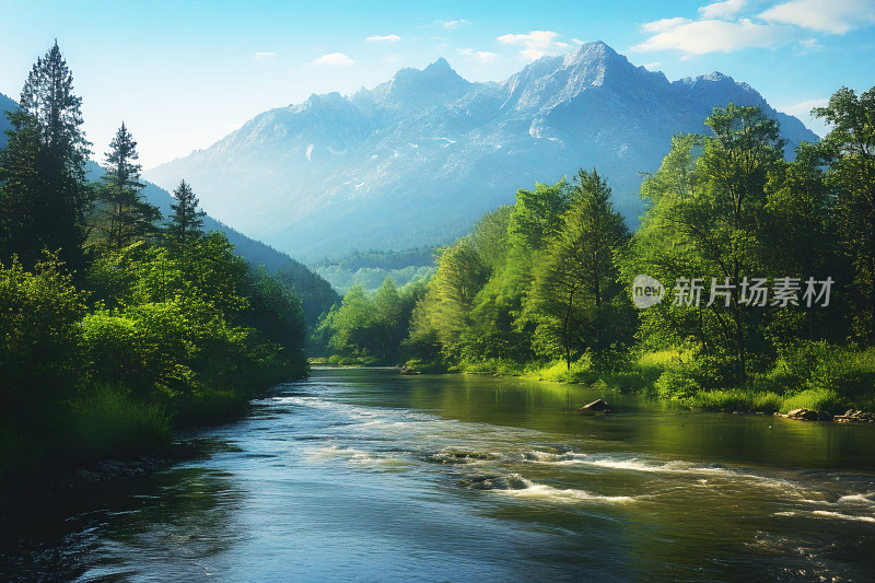 河流树木山峰天空风景