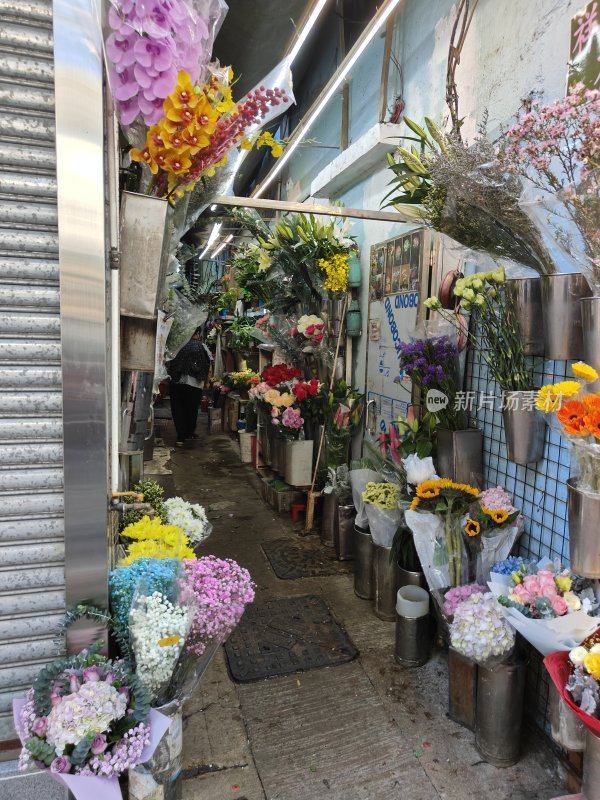 香港城市街道卖花小巷