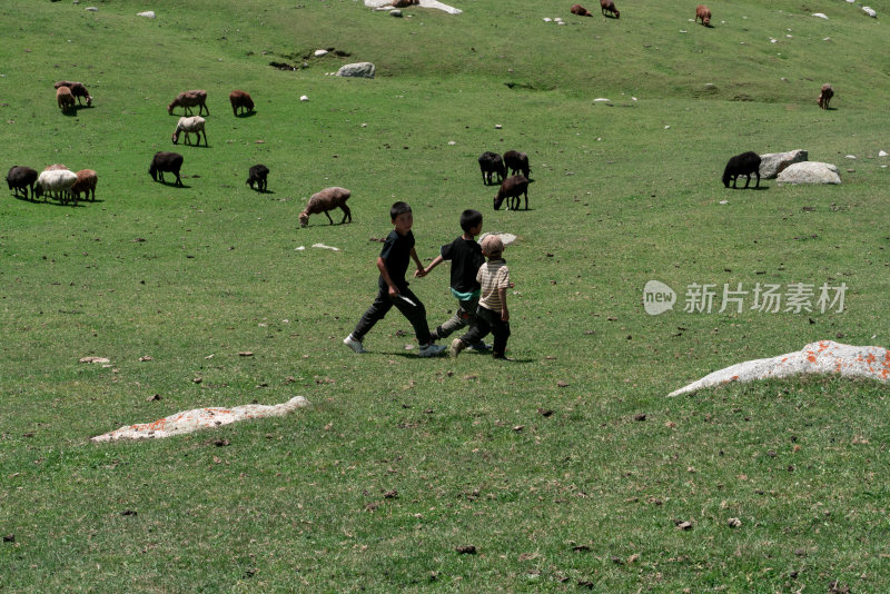 草原上儿童牵手奔跑的欢乐场景