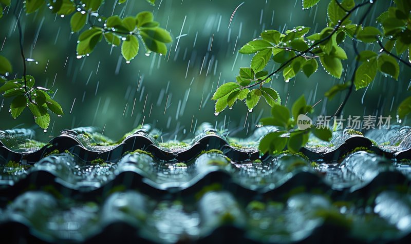 阴雨天屋顶瓦片春天树叶宁静自然背景