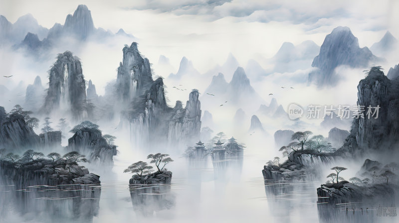 黑白水墨画风格的中国山水风光
