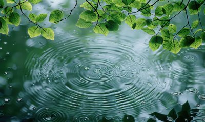 小雨绿叶水面雨滴涟漪水波纹下雨背景