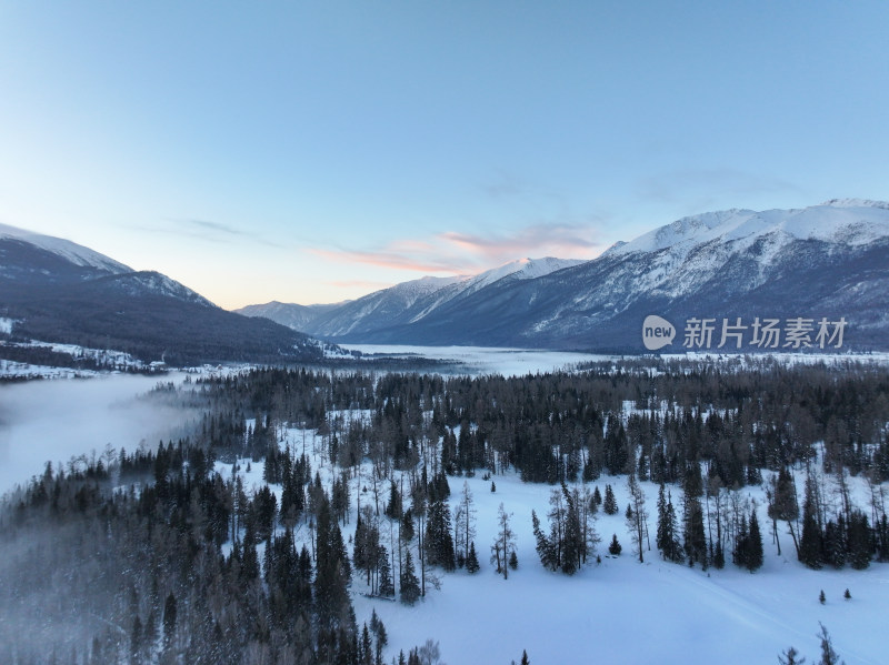 新疆阿勒泰喀纳斯雪景神仙湾晨雾雪山森林