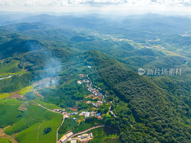 航拍天空高山农田田园村寨风光