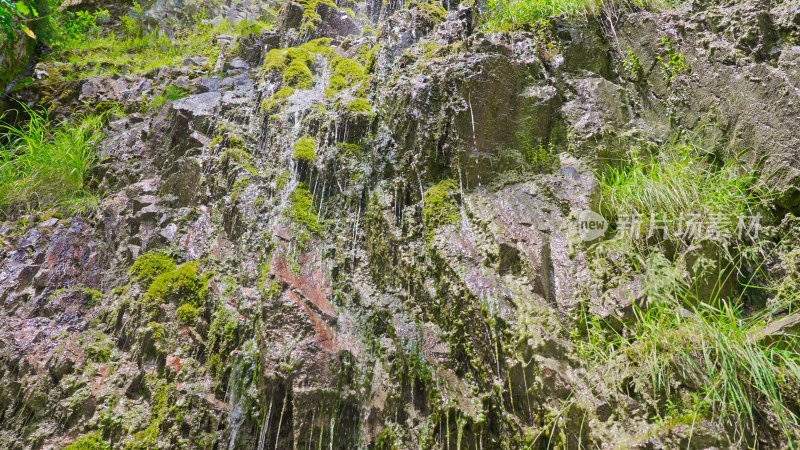 长满青苔的陡峭山崖瀑布