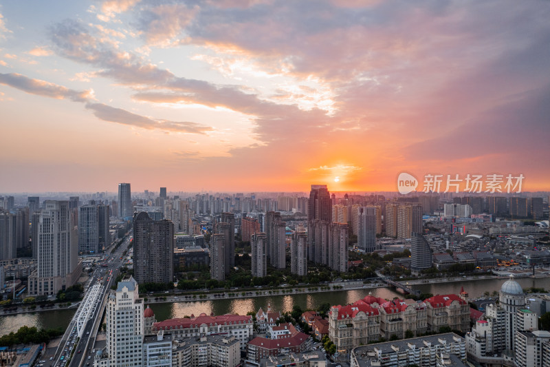 天津海河风景奥式风情区城市日落风光航拍