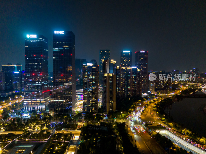 成都环球中心周边建筑夜景航拍图