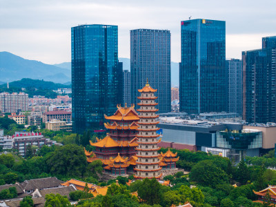 福建福州西禅古寺航拍城市风景古建筑