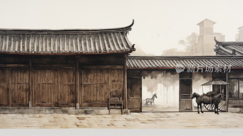 中国水墨画，南方徽派建筑
