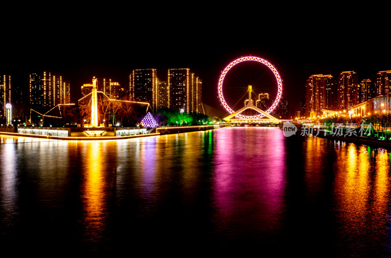 天津海河风情天津之眼摩天轮城市夜景风光