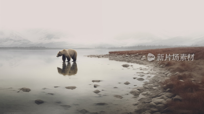 一只棕熊独自行走在宁静湖边雾蒙蒙山脉