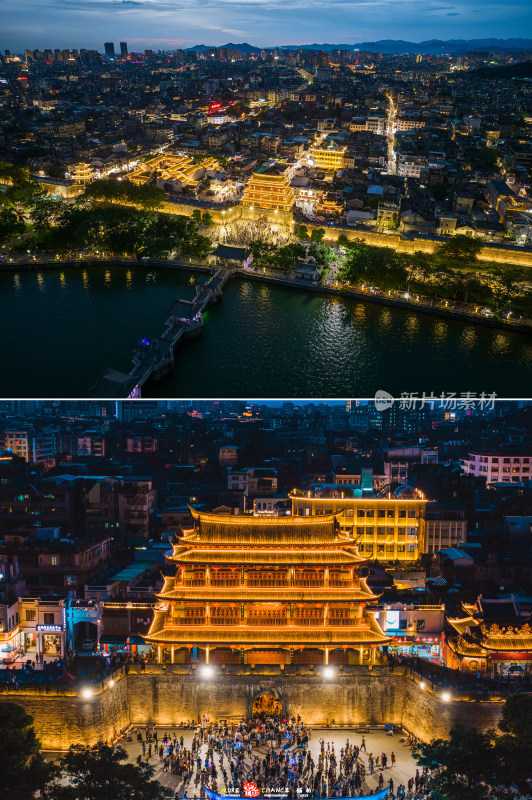 航拍夏季夜晚潮州广济楼与广济桥夜景风光