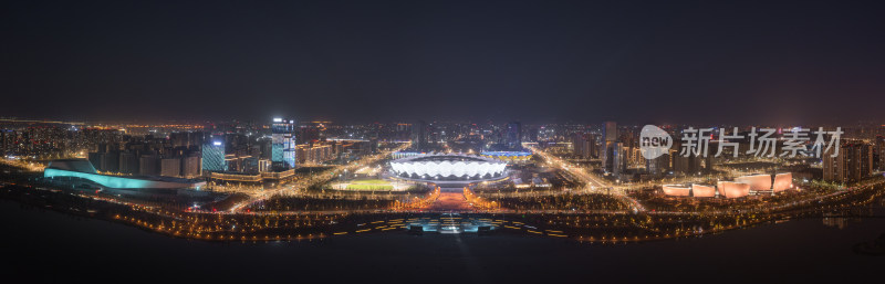 航拍西安浐灞灞河奥体中心全景夜景