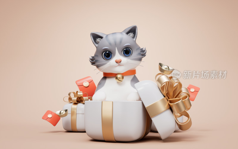 卡通风格小猫与礼物盒3D渲染