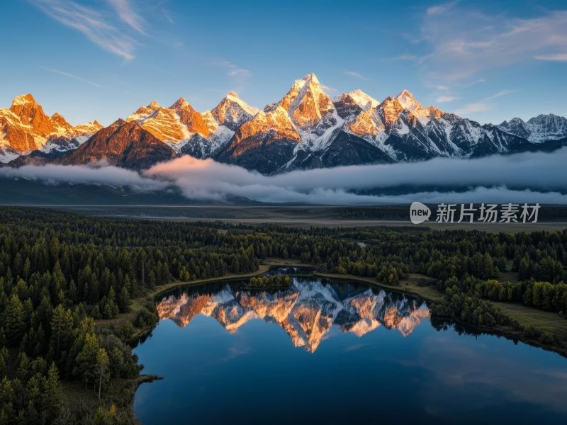 雪山湖泊的静谧倒影