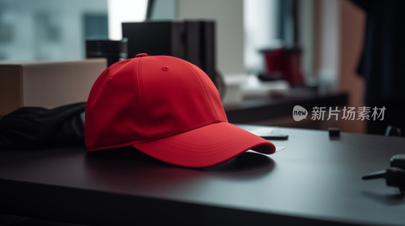办公桌上简约红色棒球帽静物摄影