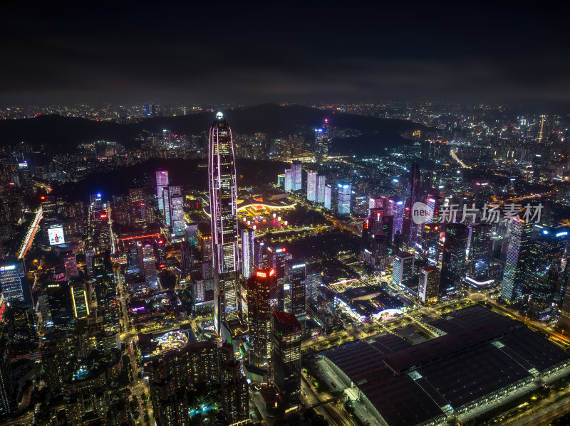 深圳福田CBD大湾区平安大厦夜景蓝调航拍