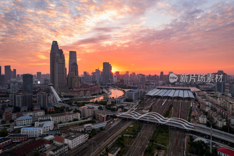 天津站海河津湾广场城市建筑日落晚霞航拍