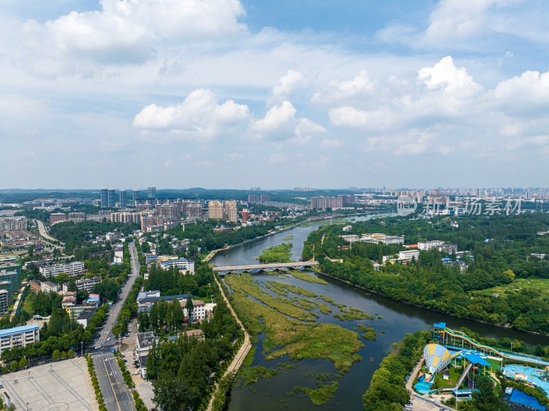 航拍夏季河南信阳城市与大别山自然风光