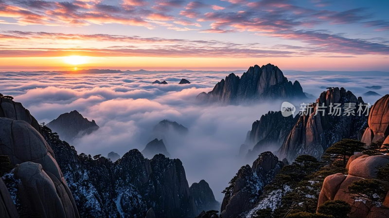 云海日出下的黄山奇景