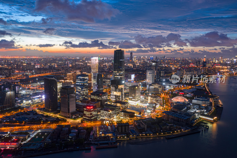 航拍上海徐汇滨江西岸传媒港夜景