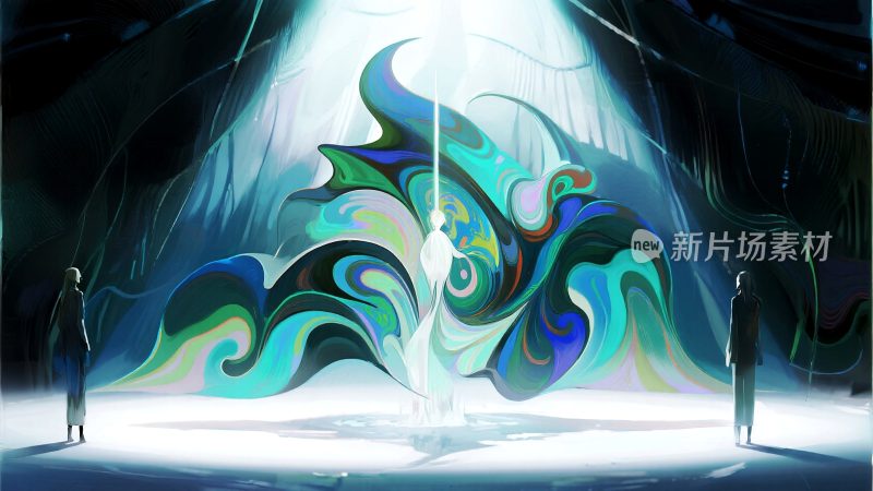 两人观赏奇幻光影艺术场景