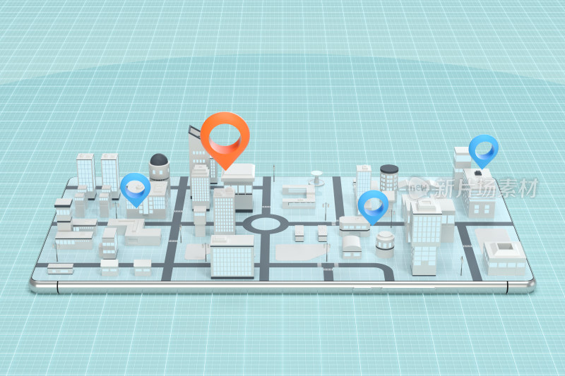 手机上的3D城市与定位标记 3D渲染