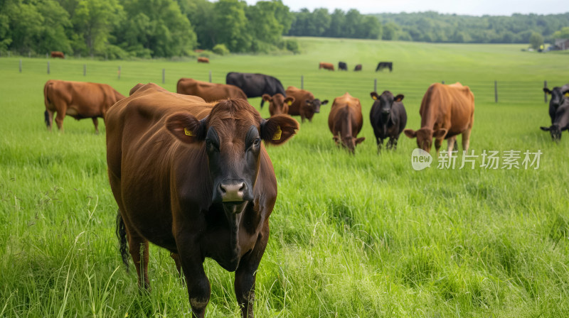 威斯康星牧场的和平牛群悠闲吃草时光