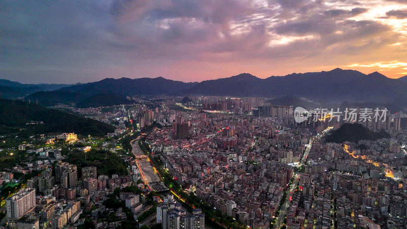 广东云浮城市夜幕降临航拍