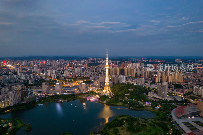 中国湖南省株洲市天元区神农塔夜景航拍