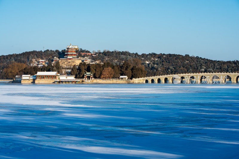 北京颐和园十七孔桥南湖岛佛香阁同框雪景