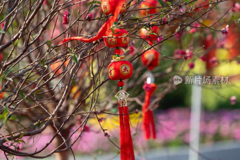 春节新年树挂着一排排红色的小灯笼