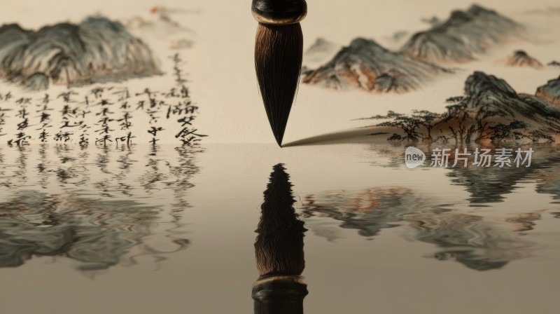 毛笔笔触于水墨山水间