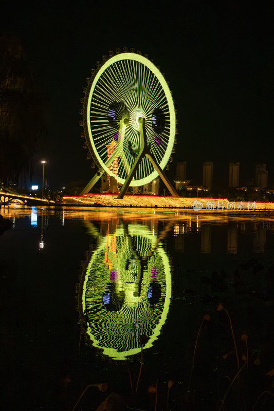 唐山惠丰湖唐山之光摩天轮夜景与湖光倒影