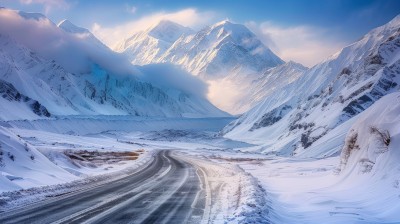 公路雪山天空自然风光