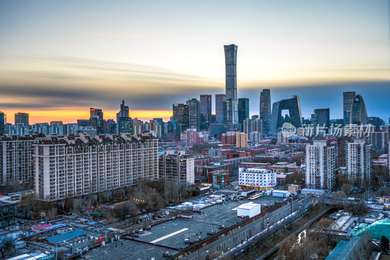 北京城市建筑鸟瞰全景晚霞风光