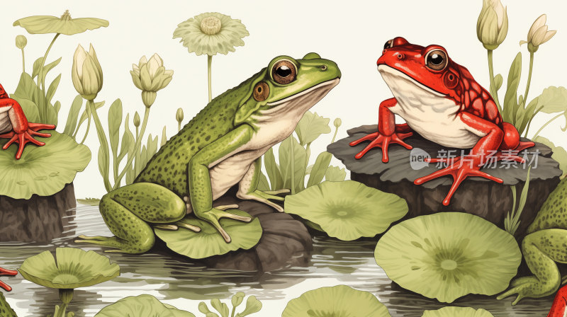 红色青蛙和绿色青蛙安静地坐在荷叶上
