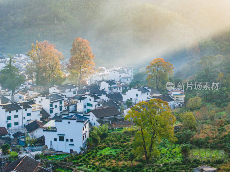 航拍江西婺源石城徽派建筑秋色枫叶村庄日出